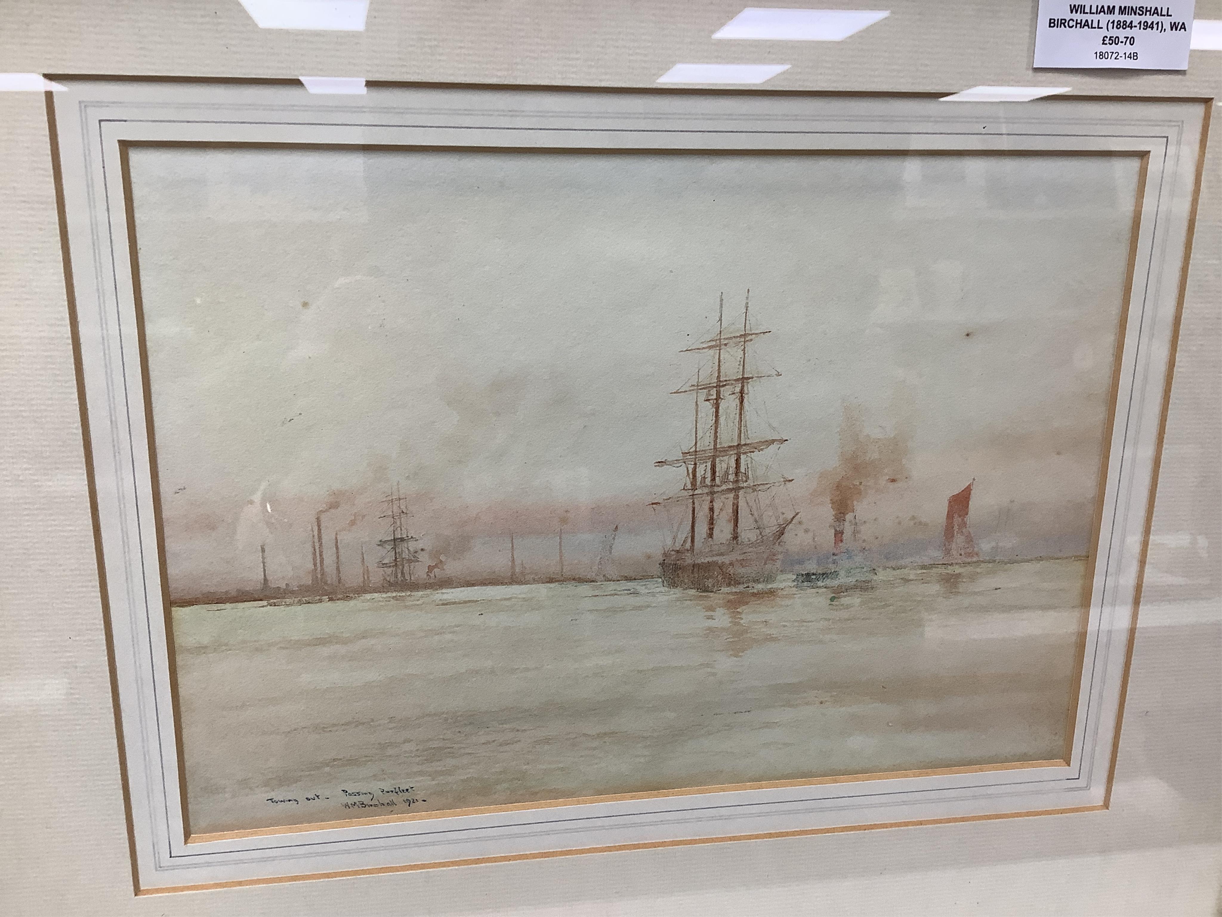William Minshall Birchall (1884-1941), watercolour, ‘Towing out passing Purfleet, 1921’, signed, inscribed and dated, 17 x 23cm together with Marcel Fiorini (French, 1922-2008), two limited edition etchings with aquatint
